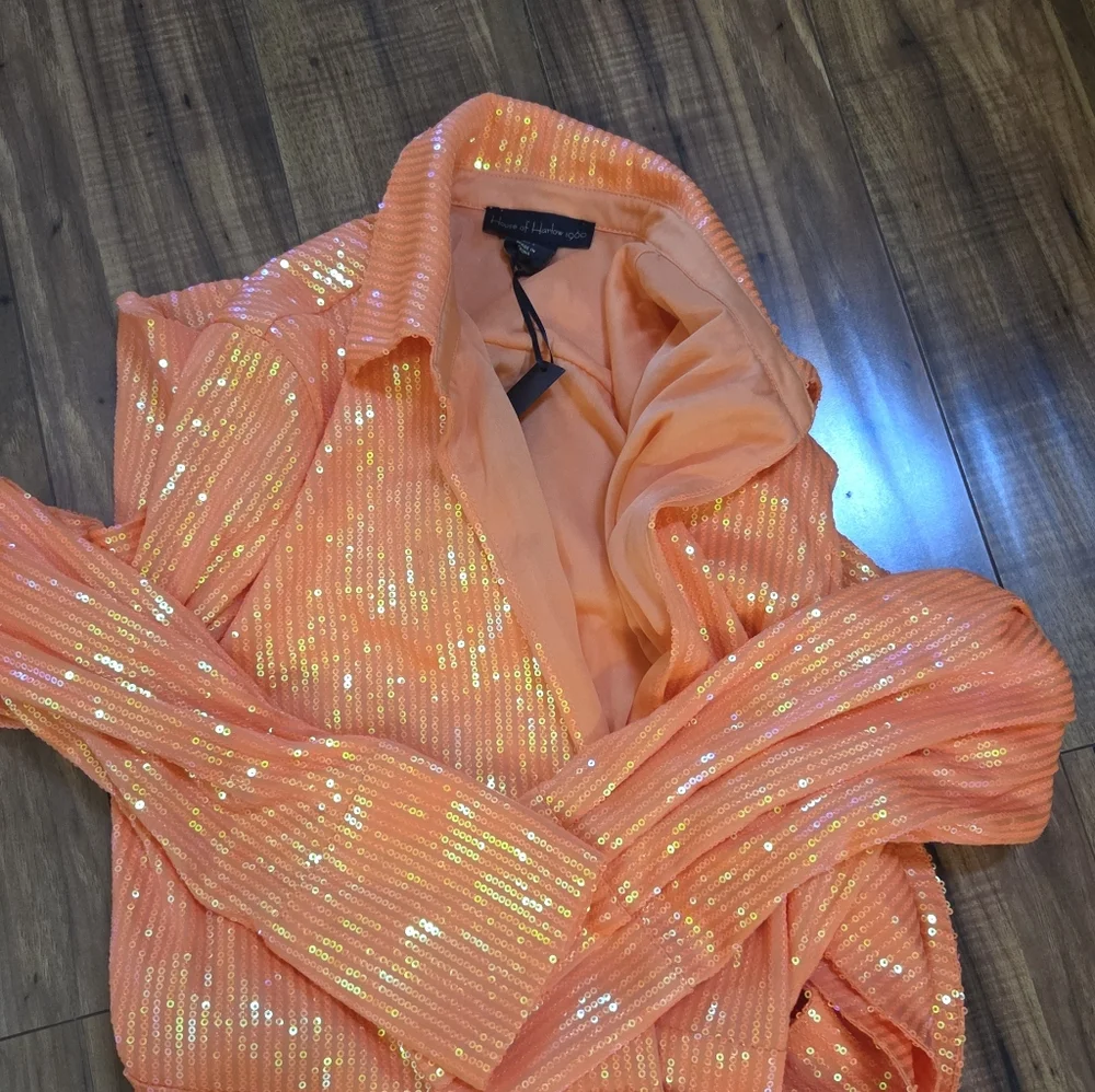 House of Harlow 1960 Orange Sequin Long Sleeve Dress - Picture 2 of 3